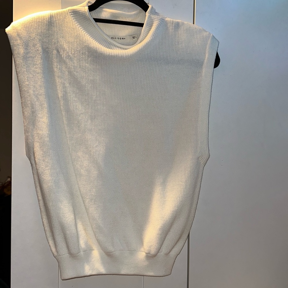 NWOT Ellison Mock Neck Power Shoulder Ribbed Knit White Sleeveless Sweater - Picture 3 of 4